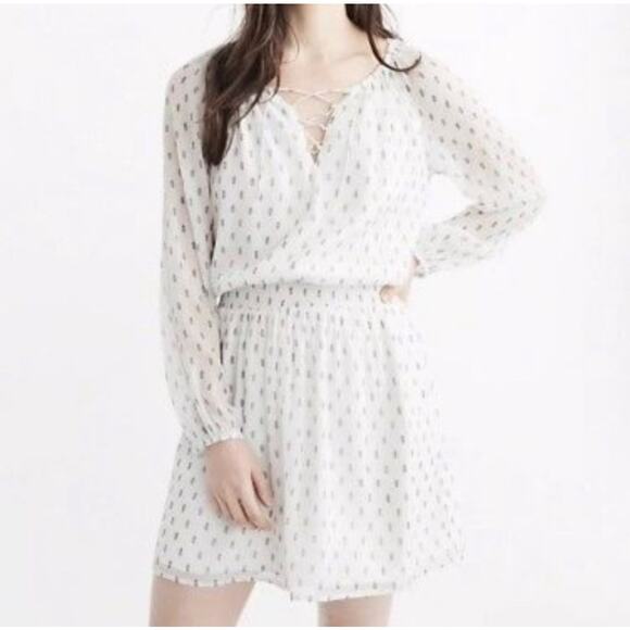 NWT Abercrombie & Fitch White Chiffon Peasant Dress XL Lace Up Long Sleeve - Picture 1 of 13